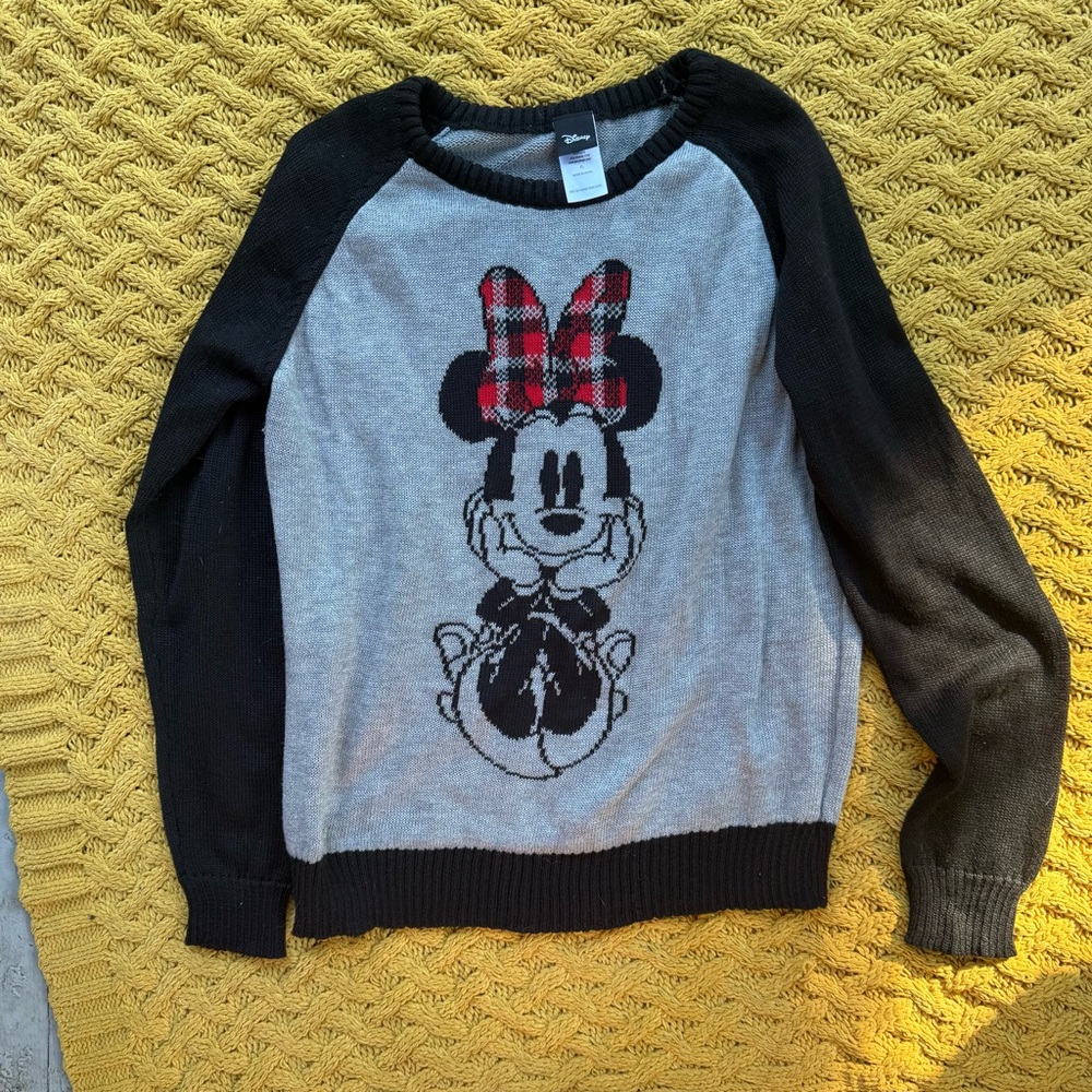 Disney Minnie Mouse Gray Black Crewneck Pullover Sweater Women's XL preppy